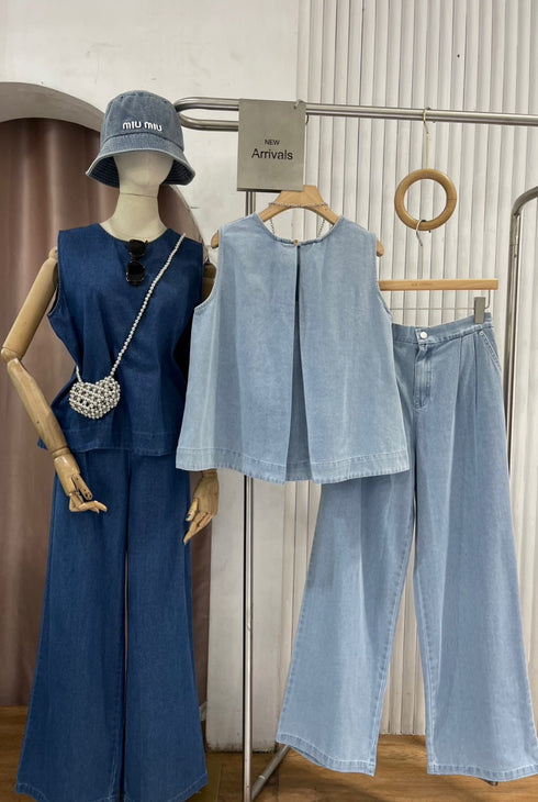 Denim Round Neck Pleated Back Tops with Trousers Sets